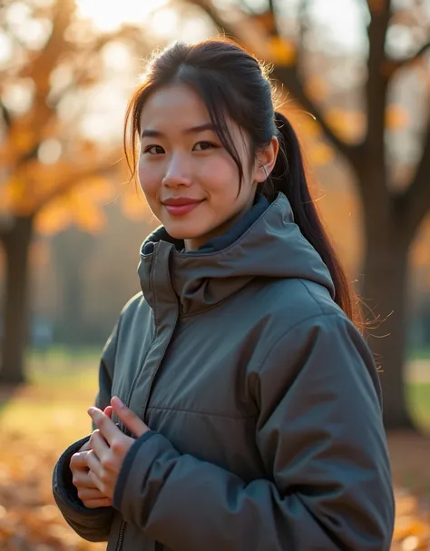 Beautiful Japanese Woman wearing a winter running outfit, she has a small breast, small  and dark long hair, scene is happening in a park in the morning at the end of autumn, Photorealistic 8k HDR photography 