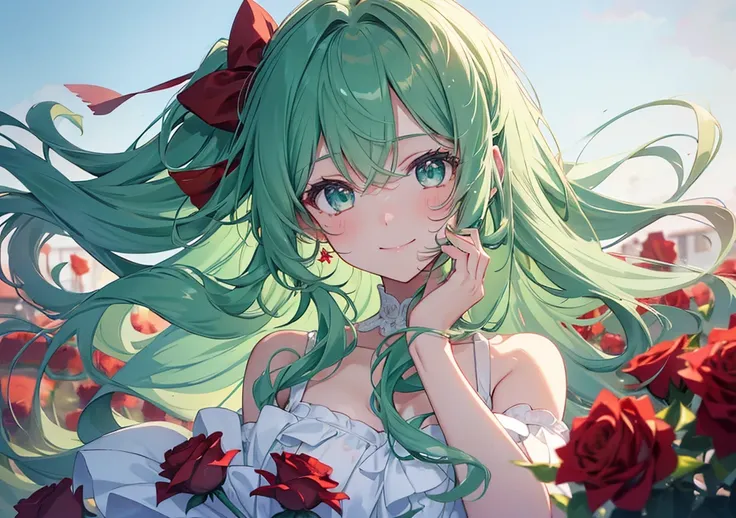 A girl is smiling in profile, with red roses blooming around her face. Her hair is a pale mint green color, with soft waves wrapping around her cheeks. Her eyes are a soft emerald green with a delicate sparkle reminiscent of a shoujo manga, and her smile i...