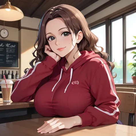 score_9,score_8_up,score_7_up,rating_explicit, source_anime,POV,rating_safe,black eyes,
milf woman,(best quality),brown hair, wavy hair, (large breasts),cafe,looking at viewer,upper body,smile,head rest,sweatshirt,across table BREAK (view and skirt focus v...