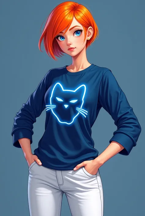 A realistic young female character with bright orange hair and a short, modern hairstyle. She wears a predominantly blue, three-quarter-sleeved T-shirt with a cat symbol. The symbol consists of a stylized blue cats head in the center of the shirt. The cats...