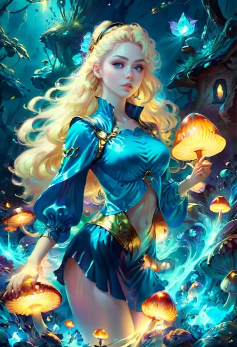 a beautiful 20 year old blonde woman with big messy hair in a blue dress, white stockings, black headband, cleavage, holding a glowing mushroom, fantasy art style, rossdraws cartoon vibrant, alice x. zhang, alice in wonderland cyberpunk, cute detailed digi...