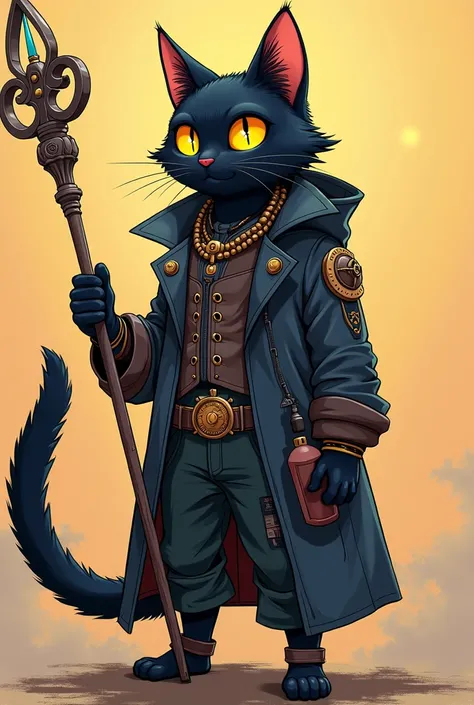  generates an anthropomorphic anime-style black cat wearing a steam punk suit , Another balcony with summer clothes ,  another orange one with a sweatshirt and a mystical staff ,  and another between black and blue with jeans and a gray sweatshirt with a b...