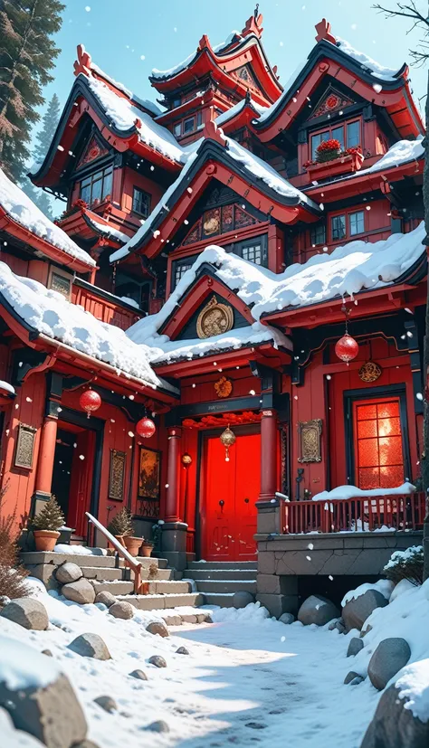 A snowfield where it snows black and red, (((Black and Red colored Snow:1.5))), black snow, red snow, an ancient temple of smooth black stone, the area is covered in giant red crystals that seem to have erupted from the ground below. Glowing red runes can ...