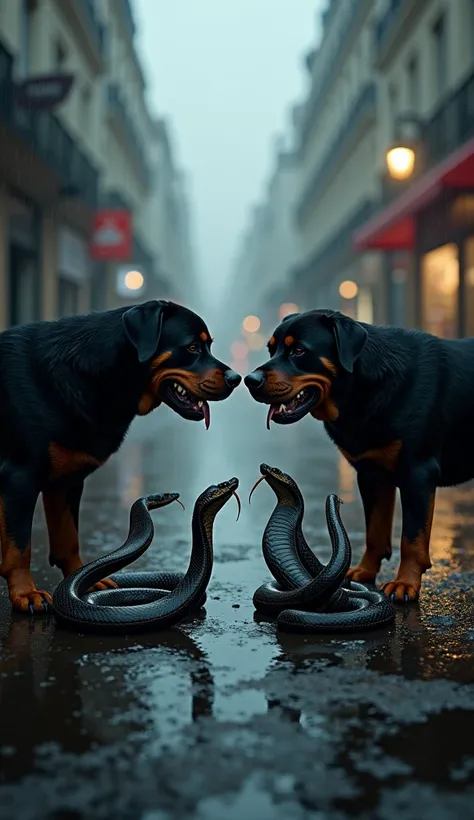 Create a prompt to place Leonardo .AI, Of 3 Rottweilers staring at 3 snakes on a dark street in Paris