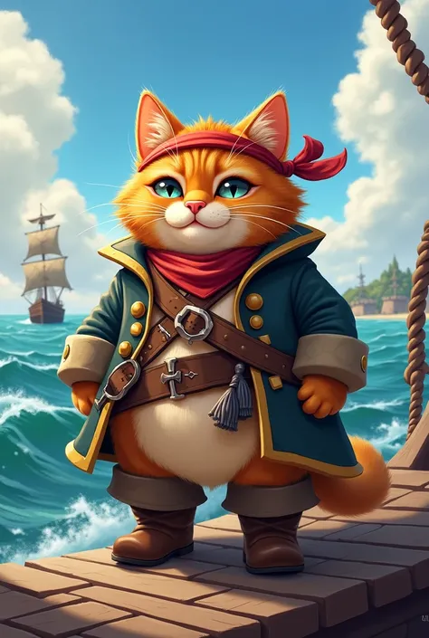 Chubby cat in pirate clothing