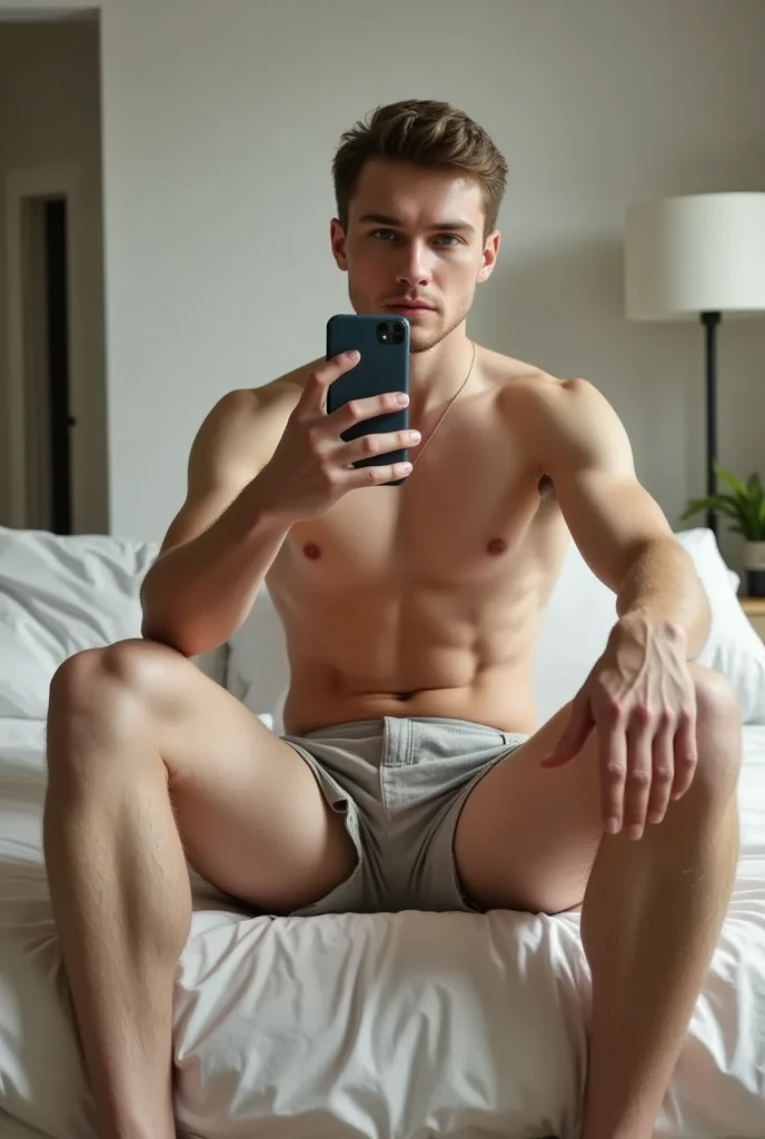 tjones812, a 30-year-old caucasian male with a lighter, fair skin tone and an average, fit build, is seated on the edge of his bed, fully nude with flaccid penis. He holds his iPhone in one hand, taking a selfie in the full-length mirror positioned in fron...