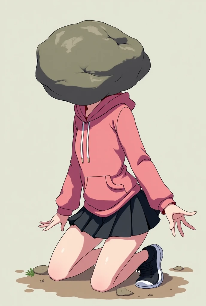 girl, anime, adolescent, chompa rosa, black shoes with white toes, kneeling,  with a large rock that replaces your head,  with arms outstretched ,  anime style,  long legs,  big thighs , The buttock upwards, mini skirt black color,