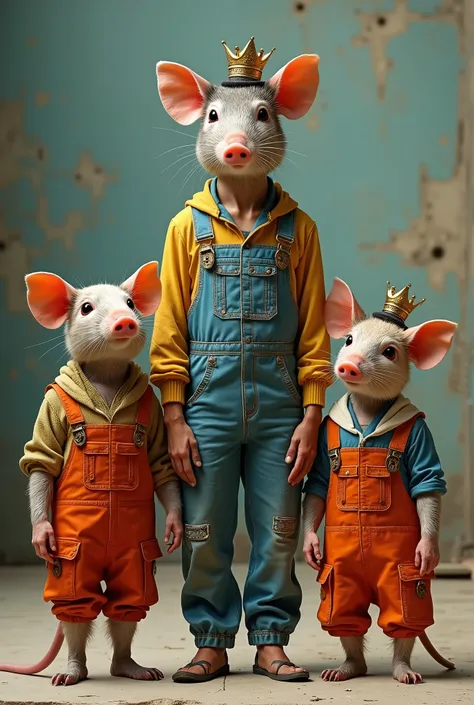 A jumpsuit with a rat and a pig of the same size and that all three are dressed in Barcelona