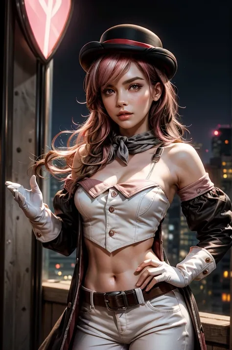 pink and brown hair, multicolored hair, neopolitanatlas, bowler hat, grey scarf, white gloves, white shirt, off-shoulder shirt, black sleeves, midriff, white belt, white pants, standing on roof of skyscraper, overlooking city, night, cowboy shot, masterpie...