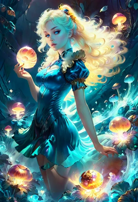 a beautiful 20 year old blonde woman with big messy hair in a blue dress, white stockings, black headband, cleavage, holding a glowing mushroom, fantasy art style, rossdraws cartoon vibrant, alice x. zhang, alice in wonderland cyberpunk, cute detailed digi...