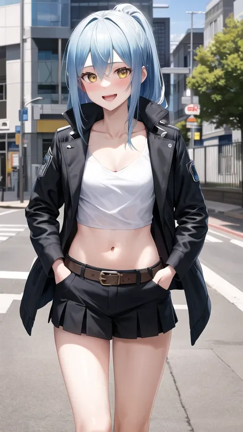 masterpiece, best quality, highres, rimuru tempest, blue hair, long hair, medium breasts, black jacket, modern crop top, v neck shirt, black long jacket, black long coat cleveage, show stomach, belt, pleated skirt, cowboy shot, standing, looking at viewer,...