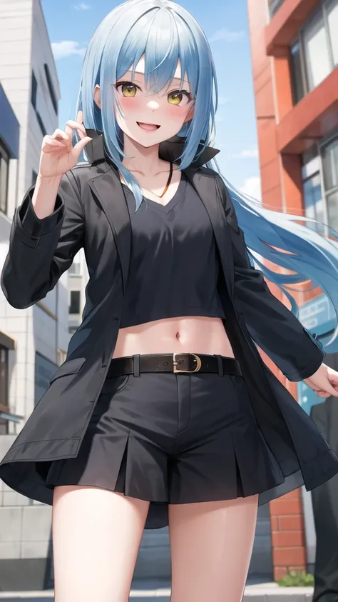 masterpiece, best quality, highres, rimuru tempest, blue hair, long hair, medium breasts, black jacket, modern crop top, v neck shirt, black long jacket, black long coat cleveage, show stomach, belt, pleated skirt, cowboy shot, standing, looking at viewer,...