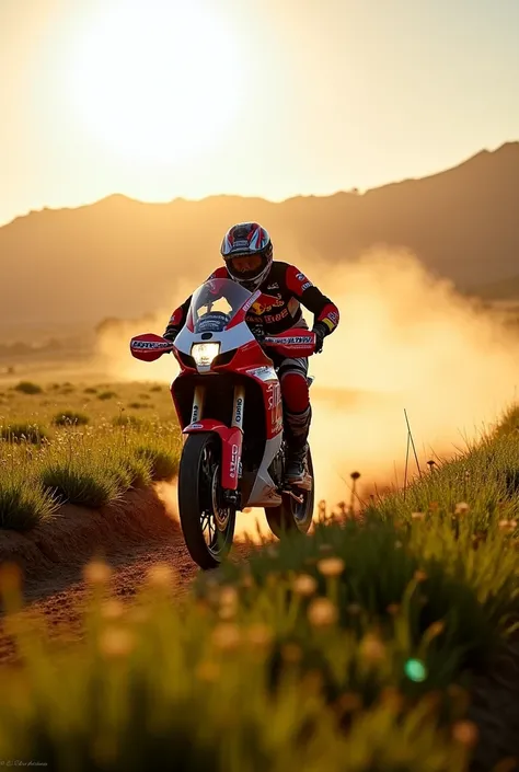 A rally bike ,  driving across the field with the sunlight in the background ,  the course is in the area of Chillan Chile in mid-November