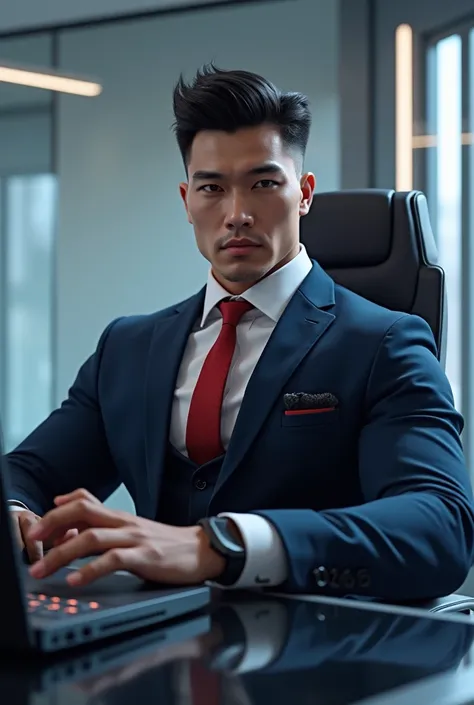 Create a realistic avatar of a muscular man of American-Asian descent. He is wearing a midnight blue jacket, a white shirt, and a red tie. The man is seated in a futuristic office setting, with a gaming laptop next to him on the desk. The environment shoul...