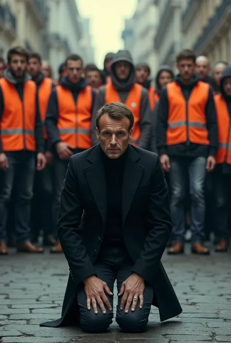 Macron on his knees as a sign of submission in front of the French people, made up of angry peasants and citizens who wear fluorescent vests..
Macrons face expresses fear.