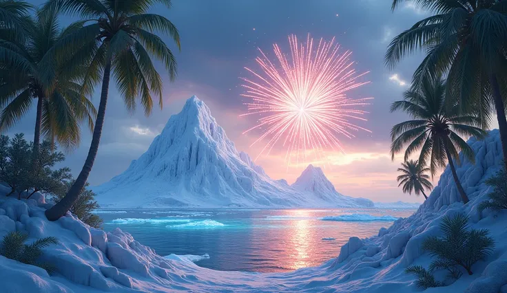 Island of ice and palm trees and fireworks

