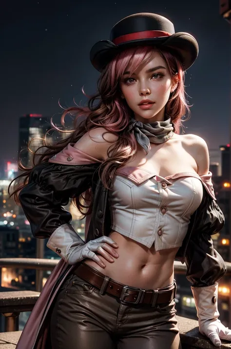 pink and brown hair, multicolored hair, neopolitanatlas, bowler hat, grey scarf, white gloves, white shirt, off-shoulder shirt, black sleeves, midriff, white belt, white pants, standing on roof of skyscraper, overlooking city, night, moon, stars, cowboy sh...