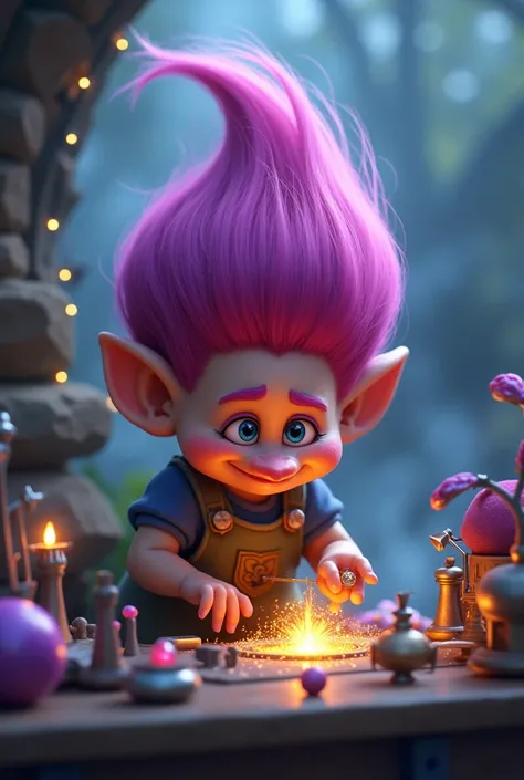 masterpiece.  double exhibition . 16 thousand.. contract.  high quality,   photorealism  . Thematic background. Dynamic plot. fog. Happy cute baby troll jeweler with pink-purple hair .  The process of making a magic gemstone ring.
 Full Height.  Expressive...