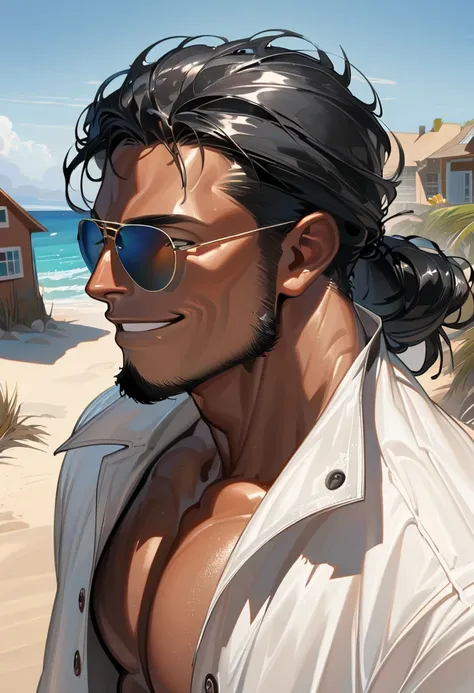 close up, solo, male, short black hair, light tan skin, black hair, adult, beach, smile, button white shirt, huge, open top, muscular, aviator sunglasses, house, outdoors, long hair, trim beard, tied hair, medium shot, facing front