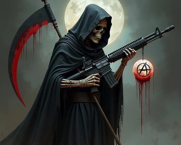   the Grim Reaper armed with an M16 with a bloodstained scythe at the end of the barrel and a crystal ball in her left hand illustrated with an A, Symbol of anarchy 