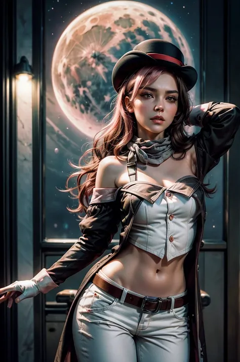 pink and brown hair, multicolored hair, neopolitanatlas, bowler hat, grey scarf, white gloves, white shirt, off-shoulder shirt, black sleeves, midriff, white belt, white pants, standing on roof of skyscraper, overlooking city, night, moon, stars, cowboy sh...