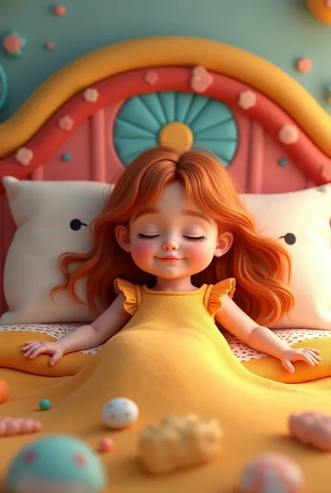 Create an image of a cute little toddler girl with long wavy hair in an orange dress lying on the Pixar cartoon-style bed 