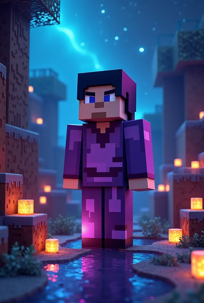 a background for a web blog about video game gamers related to Minecraft that wears purple and night blue colors