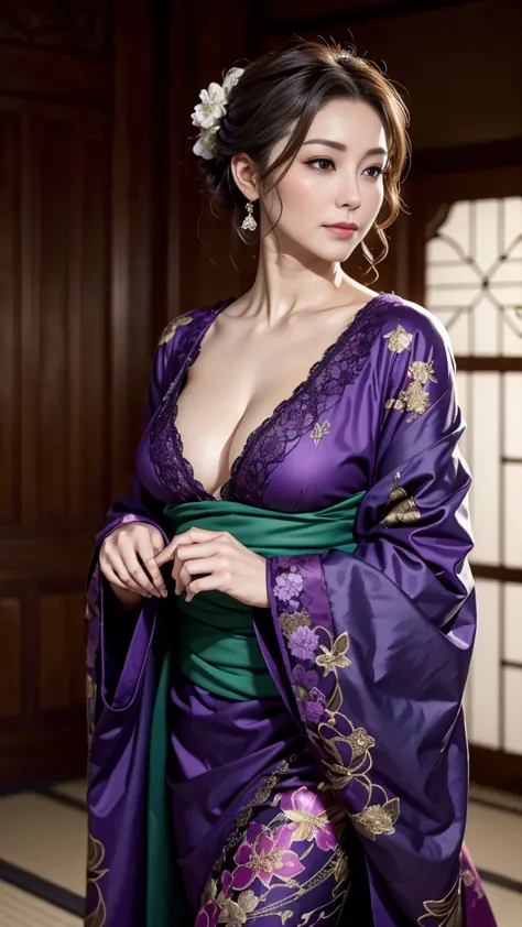 a fantastical scene of a woman wearing a luxurious kimono inspired by a blend of deep emerald green and purple, adorned with int...