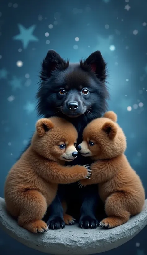 Create UHD photorealistic realistic photo, no animation, no 3d image,A highly detailed, creative closeup-shot with a shallow depth of field, featuring a finger size Perfect centering,A black spitz, a Two cute brown bears in love hugging on a crescent moon ...