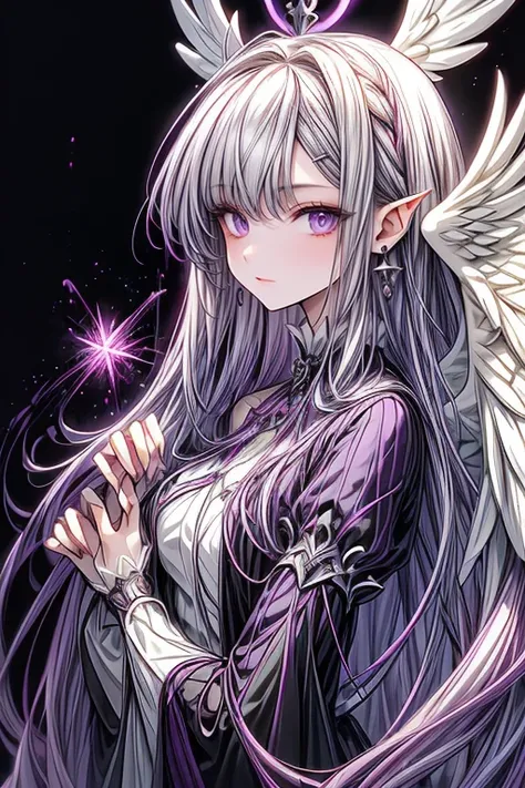  Extremely thin woman,  with Rapunzel style hair, bicolor purple and white hair, in two-garment clothing , angel wings, bleeding. heavenly background, abstract shapes