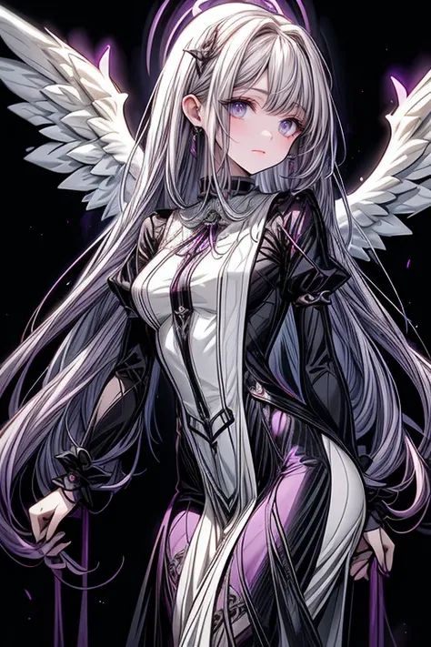  Extremely thin woman,  with Rapunzel style hair, bicolor purple and white hair, in two-garment clothing , angel wings, bleeding. heavenly background, abstract shapes