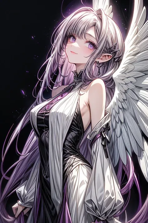  Extremely thin woman,  with Rapunzel style hair, bicolor purple and white hair, in two-garment clothing , angel wings, bleeding. heavenly background, abstract shapes