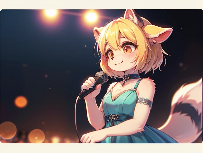 singer female raccoon dog , Droopy eyes , blond hair , (Heavy makeup) , glamorous body , lacy elegant dress , on the Opera House stage , vintage stand microphone , little smile , Singing passionately , (f1.4 50mm , Polaroid , low Latitude old color negativ...