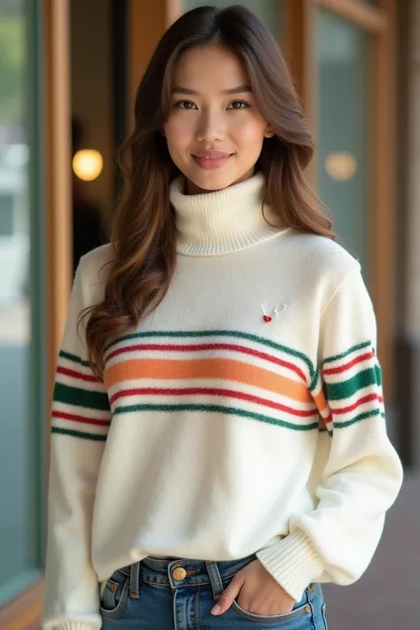 White turtleneck sweater with stripes in red, Green, orange