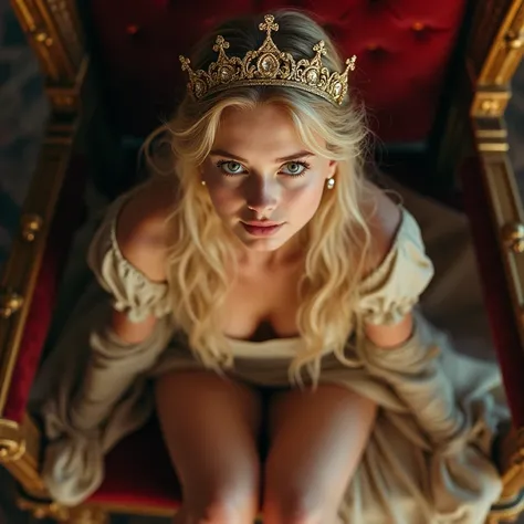 NSFW, ((From a birds-eye perspective:1, the camera captured the scene of a young blonde princess  perched upon a majestic throne and open her legs, spread legs, knee up. With an air of confidence and defiance, she looked up at the camera, a contemptuous sm...