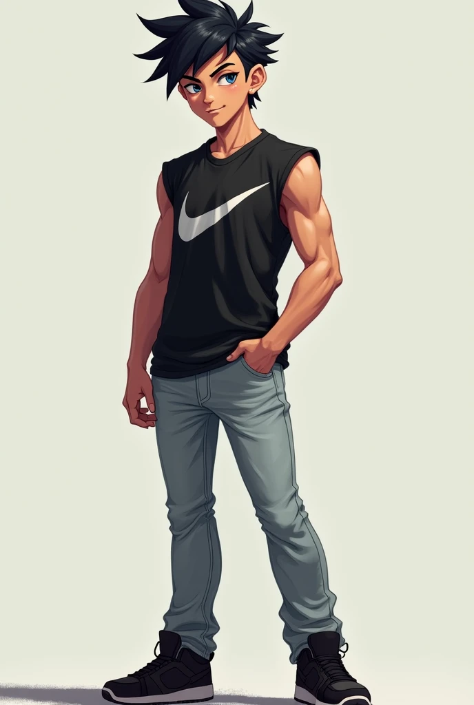 
16-year-old, 1,75m, spiky black hair,  shiny dark blue eyes. angular face,  multicolored hair . Athletic body, Muscular. Nike black tight shirt , sleeveless, light denim pants , black sneakers . upright posture, neutral background.  realistic style.