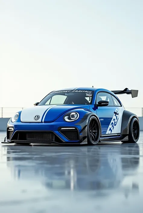 Blue and white Volkswagen Beetle with racing wheels and an aggressive rear diffuser, 8K, CINEMA