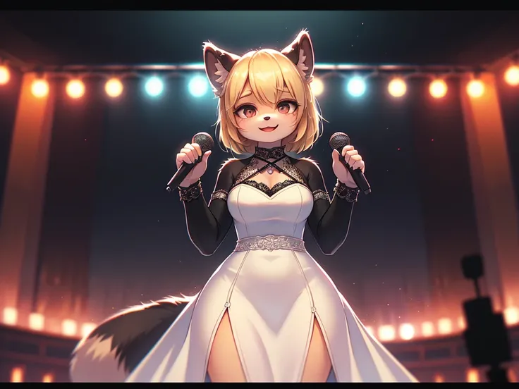 singer female raccoon dog , Droopy eyes , blond hair , (Heavy makeup) , glamorous body , lacy elegant dress , on the Opera House stage , vintage stand microphone , little smile , Singing passionately , (f1.4 50mm , Polaroid , low Latitude old color negativ...