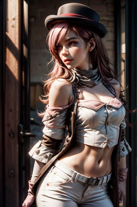 pink and brown hair, multicolored hair, neopolitanatlas, bowler hat, grey scarf, white gloves, white shirt, off-shoulder shirt, black sleeves, midriff, white belt, white pants, standing in cityscape, night, stars, cowboy shot, masterpiece, heart shaped fac...