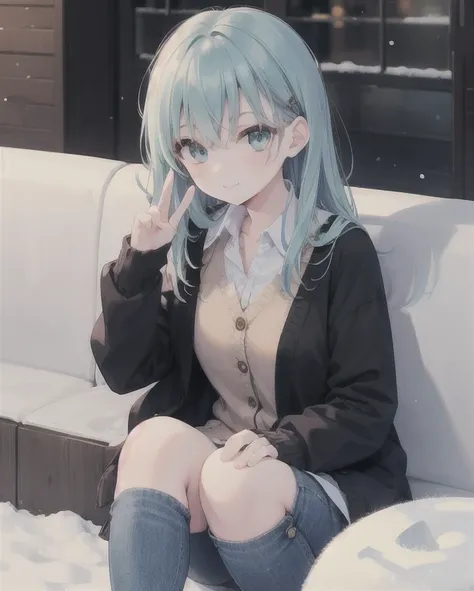 (( best quality, masterpiece)), jeans, snow, 薄い青色のhair,  princess cut ,  light blue eyes, Alone, smile, diagonal bangs, illumination,   knight ,  cardigan,  hair accessories,Aqua_hair,Aqua_eye,length_hair,