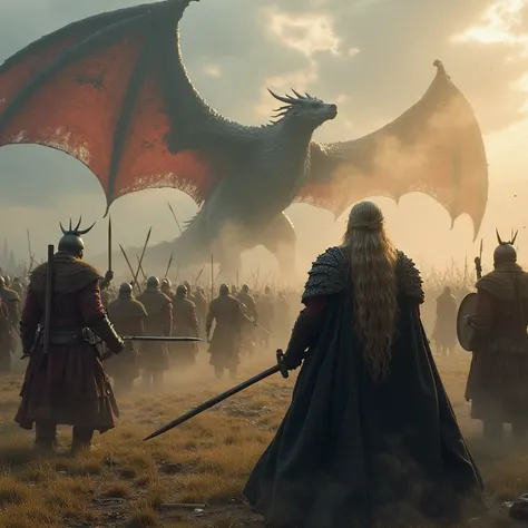 Desta vez retrate uma passagem da obra de George r.r. Martin, Game of Thrones, retratando a Batalha dos Homens incluindo os guerreiros do reino do Norte,  the Dothraki and the Immaculate against the king of the night and his undead .  Highlight the violenc...