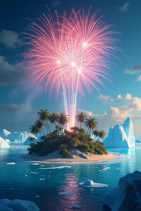 Sunny island with palm trees and icebergs and fireworks
