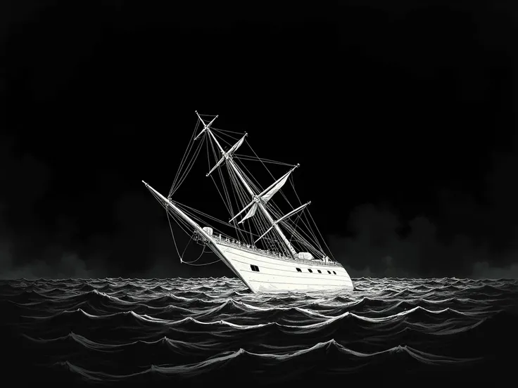 
create a creative logo with black background and white drawing sinking ship