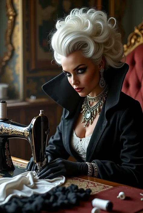 A hyper-realistic and highly detailed depiction of Cruella de Vil sitting at an elegant vintage sewing table, meticulously hand-stitching a black and white garment. Her iconic black and white hair is perfectly styled, with dramatic makeup emphasizing her s...