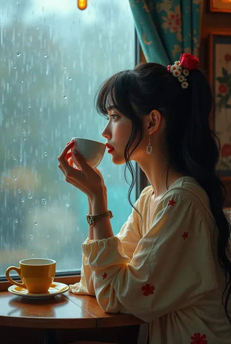 Side view. A young woman in a tall, flower-colored hair, sitting motionless looking out of a raining window, in a mobile, a cup of coffee raised to her lips, beautiful art