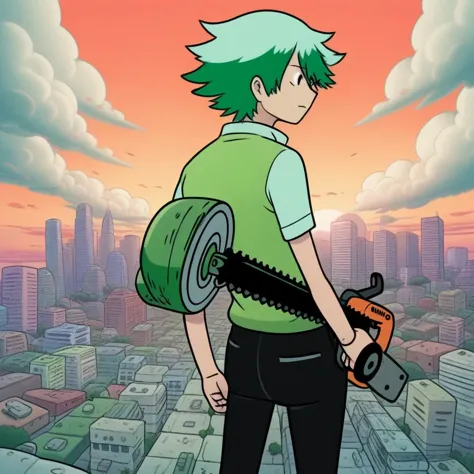 adtime, denji, city, high quality, 1 boy, green hiils, clouds, chainsaw man