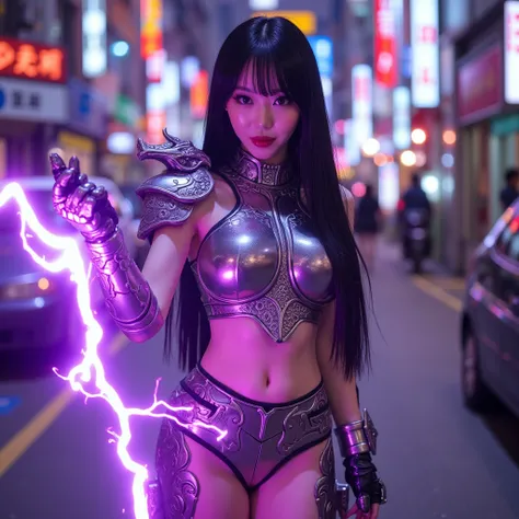 a cute woman (cute, amazing figure, sexy glowing mirrored armor, violet dragon motif, she is a super hero) sexy action poses, battling robots, Tokyo, she can toss violet lightning bolts