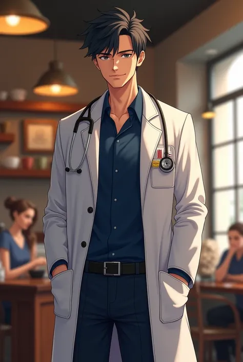 Boy doctor hair cafe fitt male tall slim scrib navy blue white coat full of dominant confidence 