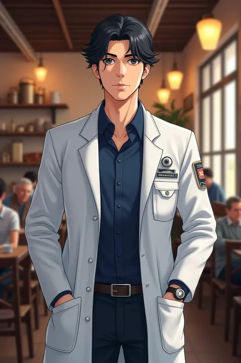 Boy doctor hair cafe fitt male tall slim scrib navy blue white coat full of dominant confidence 