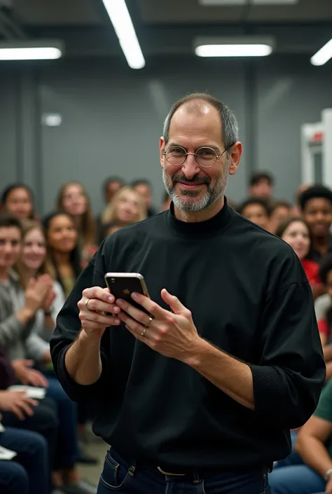 Steve jobs, In a laboratory,  how he just invented and built his first iPhone. Other people ,  who look at the work and applaud